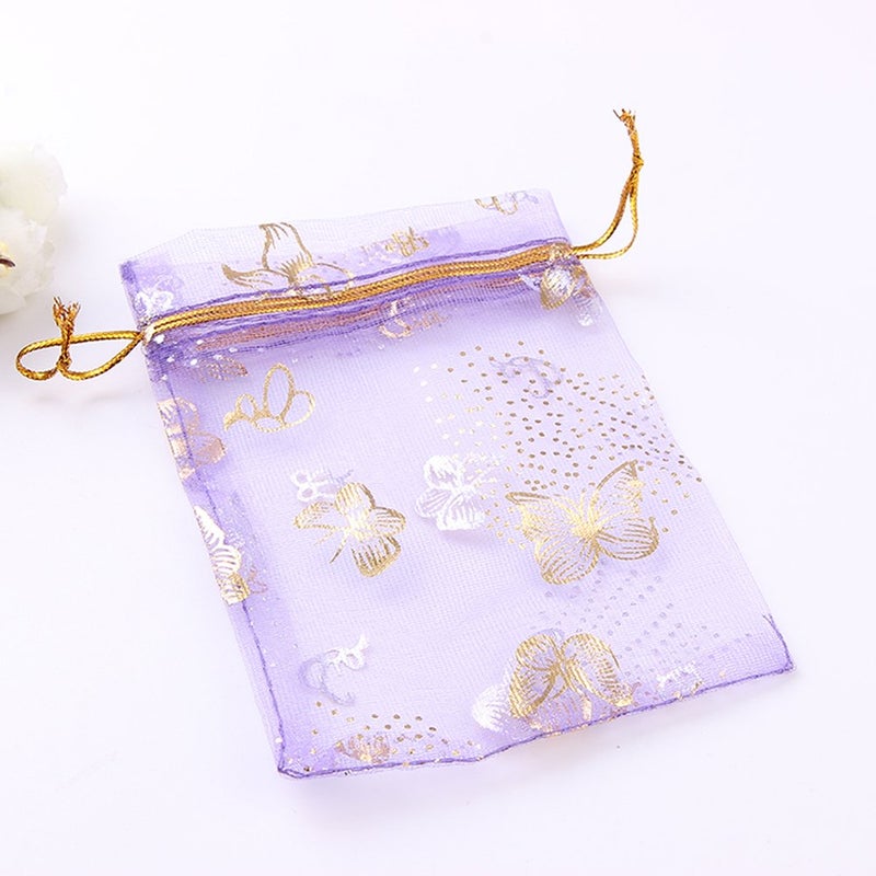 Ankirol 100pcs Mini Sheer Organza Wedding Favor Bags 3.5x4.5'' Luxury Jewelry Candy Gift Card Bags With Gold Line Drawstring Pouches Butterflies (light purple) - Image 2